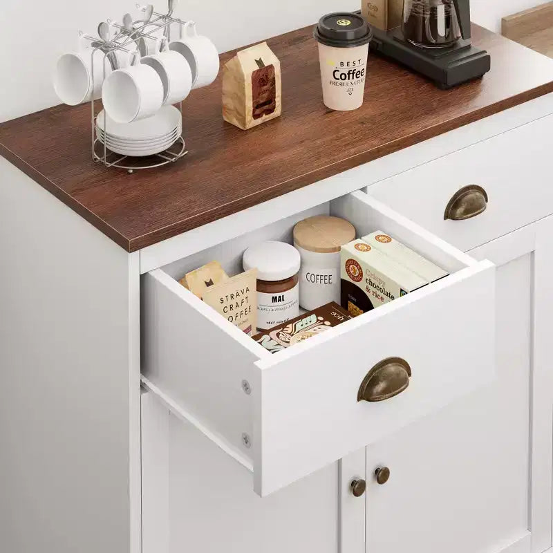 Meuble Buffet, Bahut – Bar à Café Ferme Blanc avec 2 Portes, 2 Tiroirs et Étagères Réglables pour Salle à Manger, Salon, Appartement