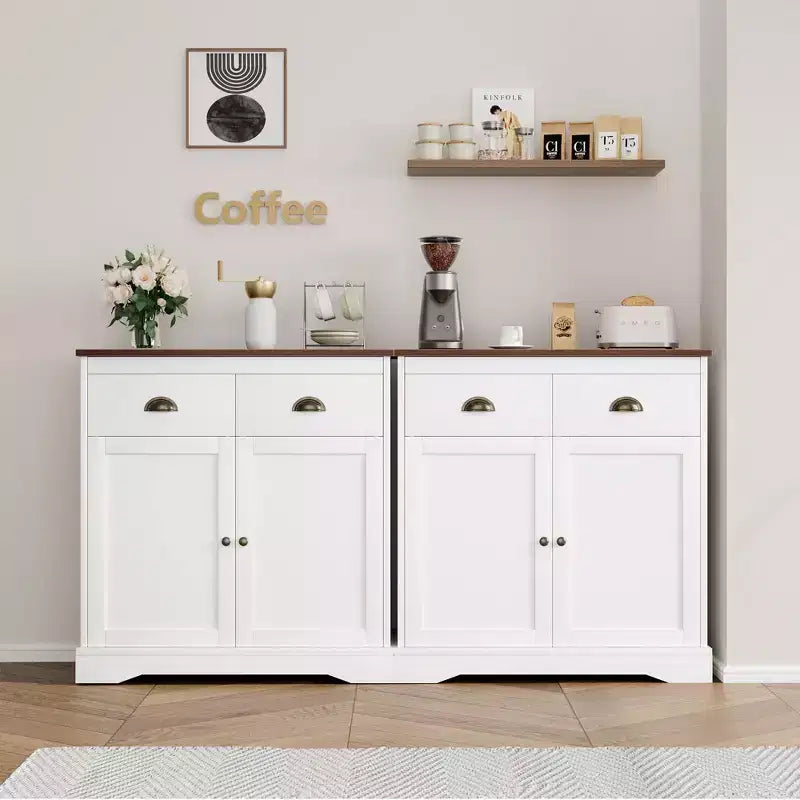 Meuble Buffet, Bahut – Bar à Café Ferme Blanc avec 2 Portes, 2 Tiroirs et Étagères Réglables pour Salle à Manger, Salon, Appartement