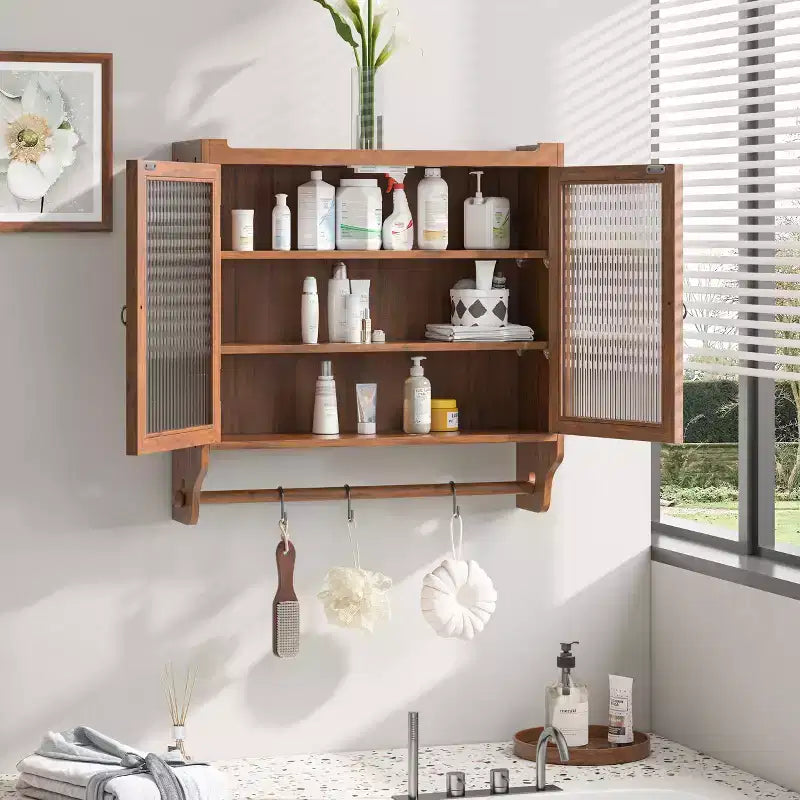 CLIHOME 24.8 Meuble Mural Vintage avec Porte en Verre, Meuble de Rangement de Salle de Bain à Double Porte 3 Niveaux avec Porte-Serviettes