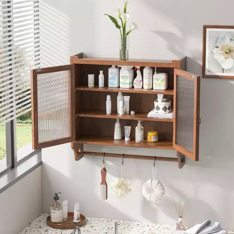 CLIHOME 24.8 Meuble Mural Vintage avec Porte en Verre, Meuble de Rangement de Salle de Bain à Double Porte 3 Niveaux avec Porte-Serviettes