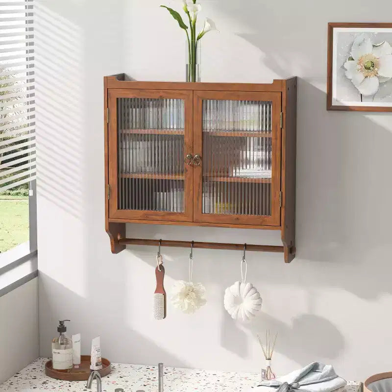 CLIHOME 24.8 Meuble Mural Vintage avec Porte en Verre, Meuble de Rangement de Salle de Bain à Double Porte 3 Niveaux avec Porte-Serviettes