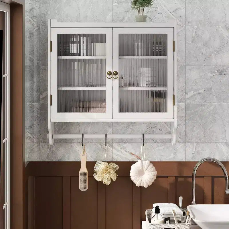 CLIHOME 24.8 Meuble Mural Vintage avec Porte en Verre, Meuble de Rangement de Salle de Bain à Double Porte 3 Niveaux avec Porte-Serviettes