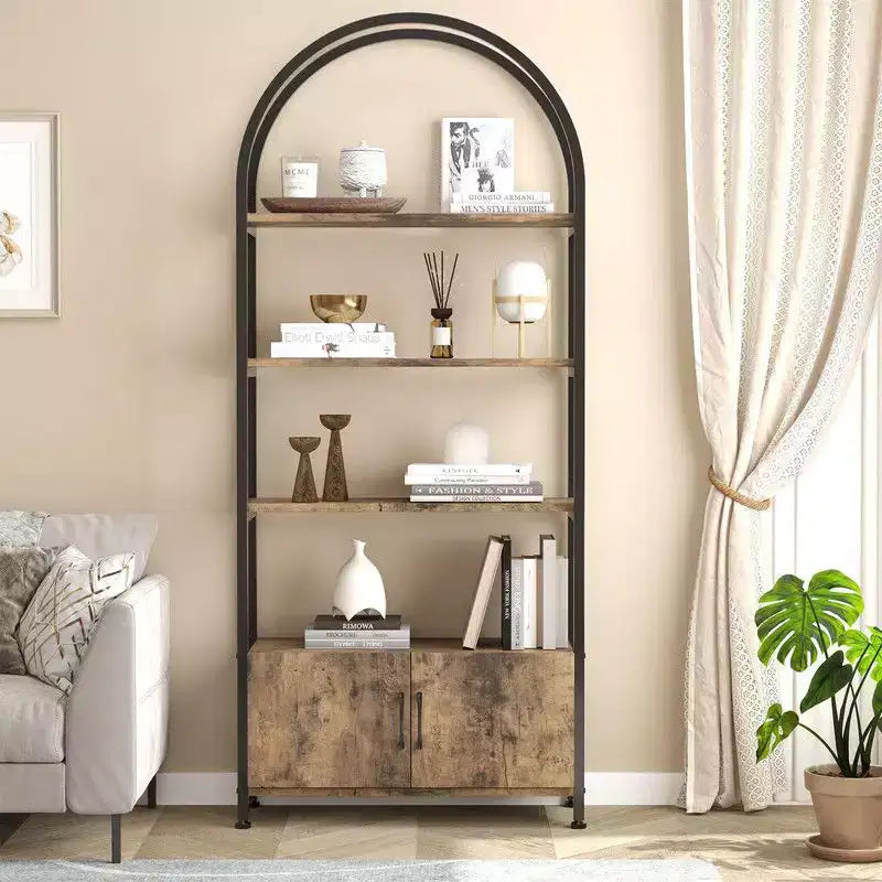 Étagère Arche, Bibliothèque voûtée à 4 niveaux avec portes de rangement, Étagère industrielle de 181,6 cm de hauteur