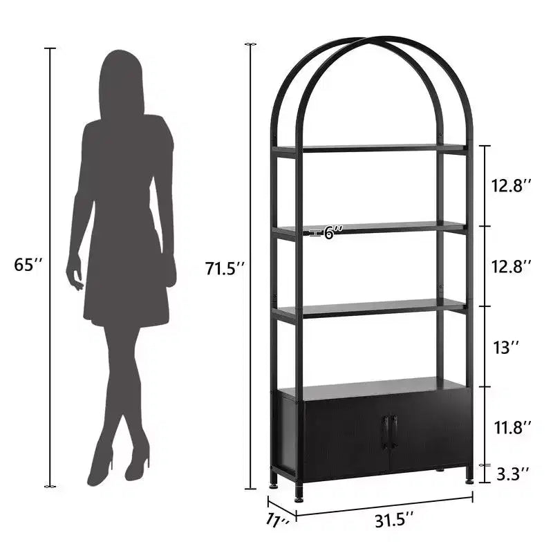 Étagère Arche, Bibliothèque voûtée à 4 niveaux avec portes de rangement, Étagère industrielle de 181,6 cm de hauteur
