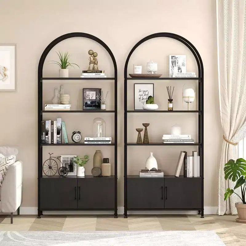 Étagère Arche, Bibliothèque voûtée à 4 niveaux avec portes de rangement, Étagère industrielle de 181,6 cm de hauteur