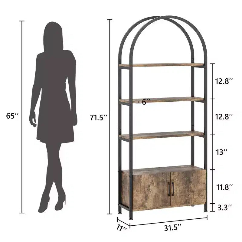 Étagère Arche, Bibliothèque voûtée à 4 niveaux avec portes de rangement, Étagère industrielle de 181,6 cm de hauteur