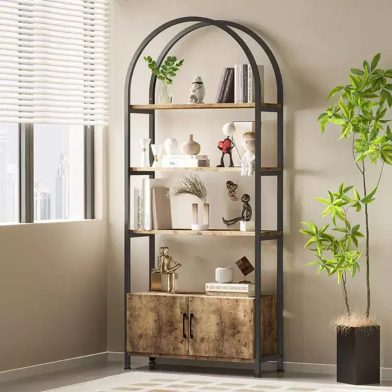 Étagère Arche, Bibliothèque voûtée à 4 niveaux avec portes de rangement, Étagère industrielle de 181,6 cm de hauteur