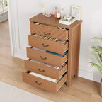 Commode à 5 tiroirs pour chambre à coucher, table de chevet marron à 5 tiroirs avec élégant design en V, commode de rangement en bois pour salon, chambre d'enfant.