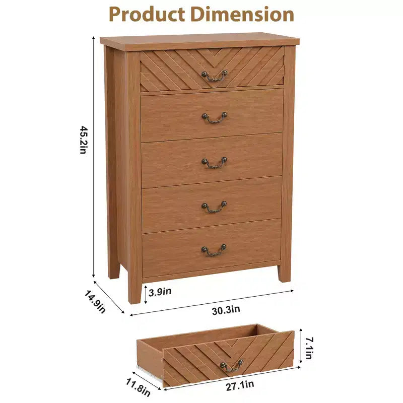 Commode à 5 tiroirs pour chambre à coucher, table de chevet marron à 5 tiroirs avec élégant design en V, commode de rangement en bois pour salon, chambre d'enfant.