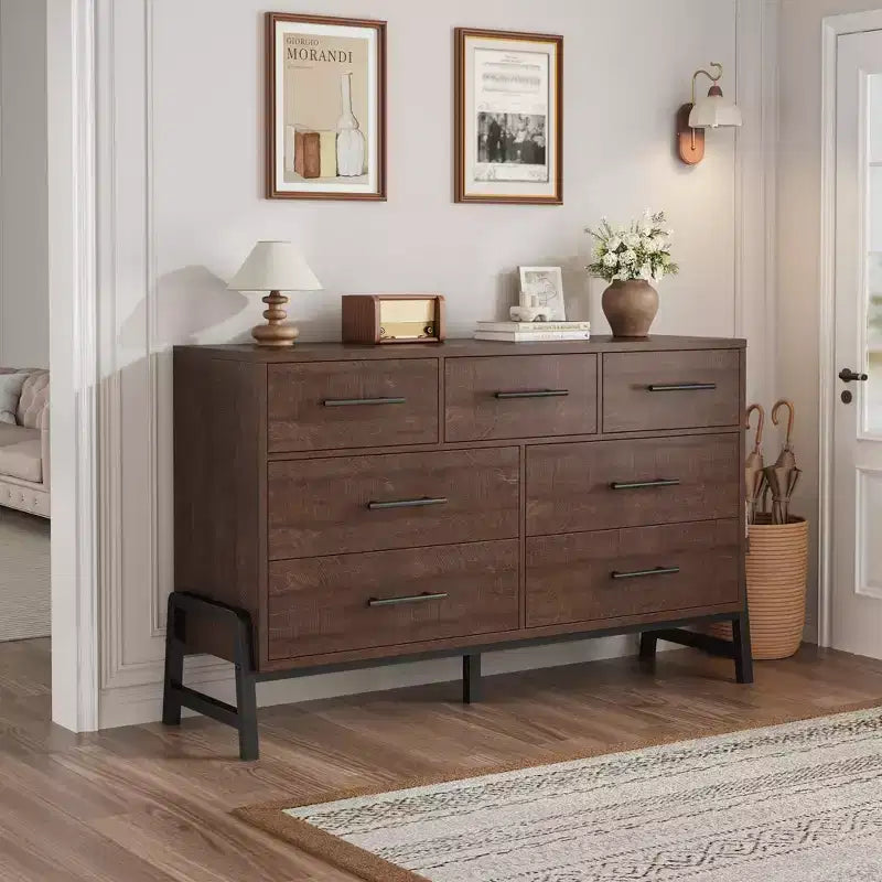 Commode de chambre à 7 tiroirs, commode autoportante de 52 cm de large avec rangement, meuble de rangement en bois pour salon, chambre, entrée