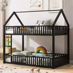 Bellemave Twin Over Twin Metal House Bunk Bed with Guardrails for Kids, Black