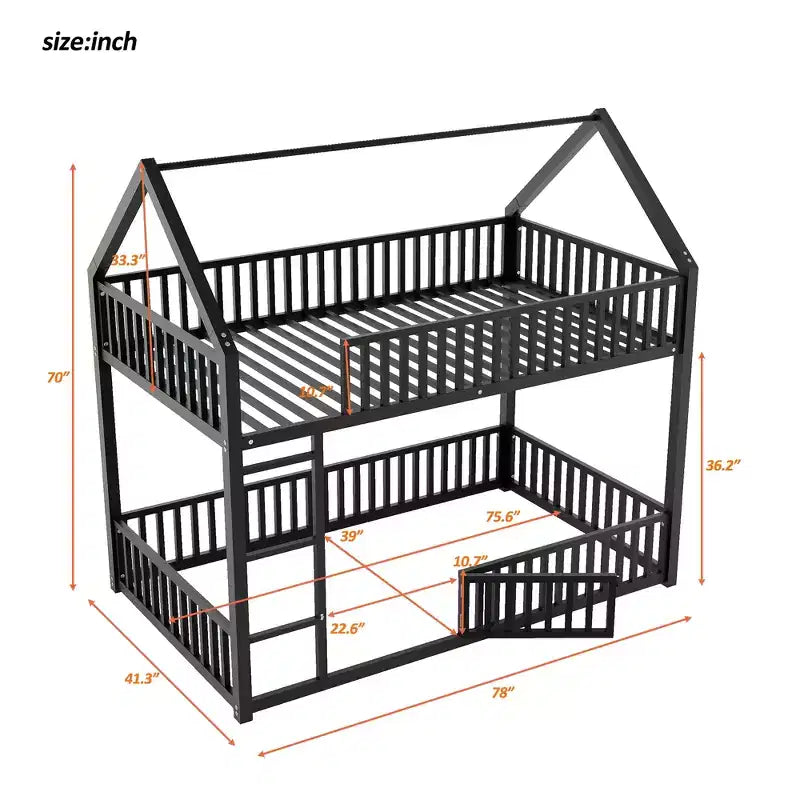 Bellemave Lit Superposé Métal Maison Jumeaux-sur-Jumeaux avec Barrières de Sécurité pour Enfants, Noir