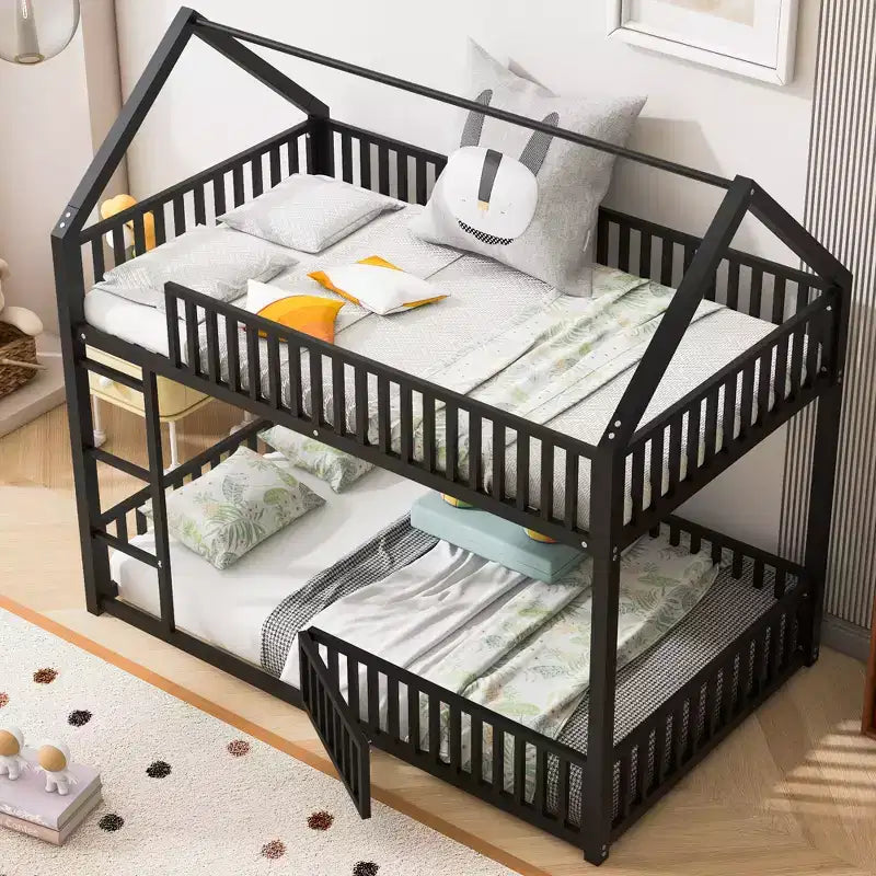 Bellemave Lit Superposé Métal Maison Jumeaux-sur-Jumeaux avec Barrières de Sécurité pour Enfants, Noir