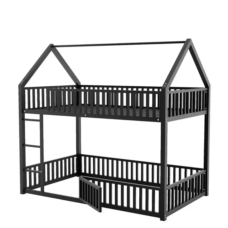 Bellemave Lit Superposé Métal Maison Jumeaux-sur-Jumeaux avec Barrières de Sécurité pour Enfants, Noir