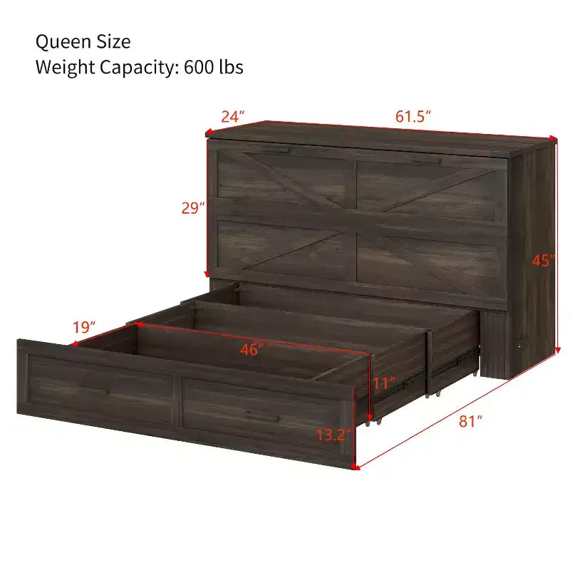 Lit armoire escamotable Bellemave Queen Size de style rustique avec station de recharge et tiroir de rangement, gris rustique