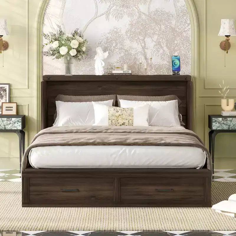 Lit armoire escamotable Bellemave Queen Size de style rustique avec station de recharge et tiroir de rangement, gris rustique