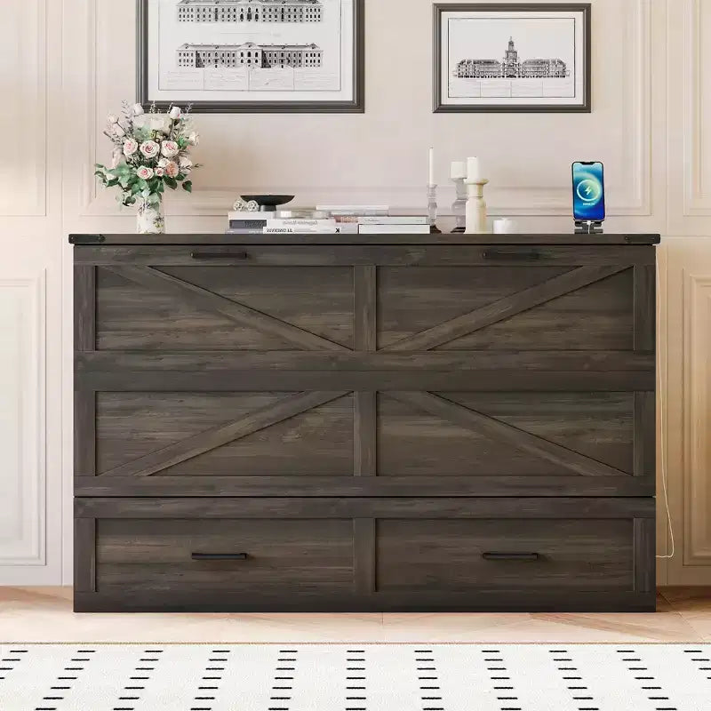 Lit armoire escamotable Bellemave Queen Size de style rustique avec station de recharge et tiroir de rangement, gris rustique