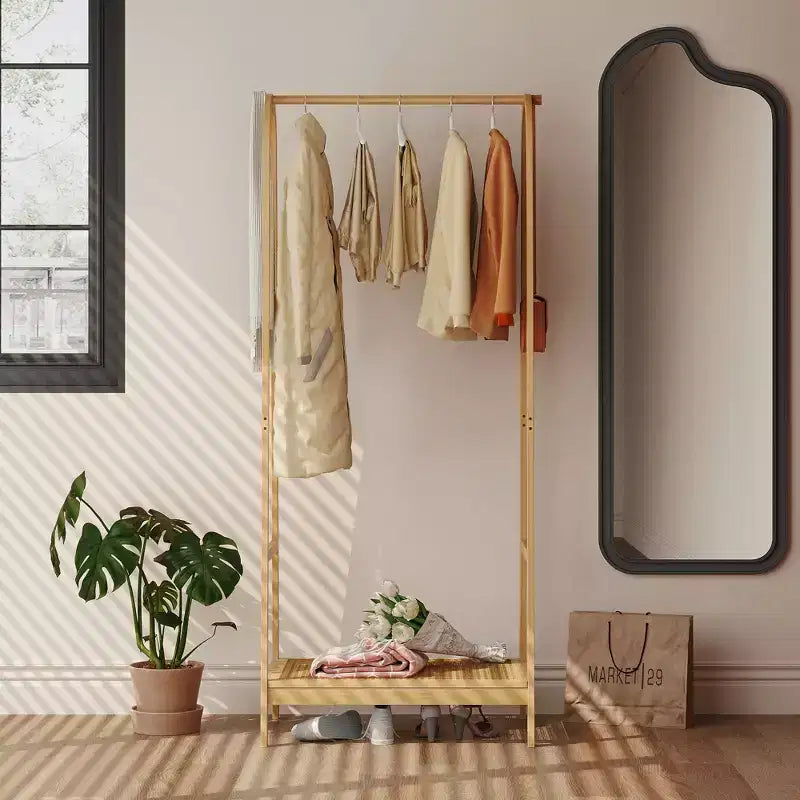 Bamboo Clothes Rack, Freestanding Clothing Rack with Storage Shelf and Hanging Rod,Wooden Space-Saving Garment Rack Organizer for Bedroom,Living Room