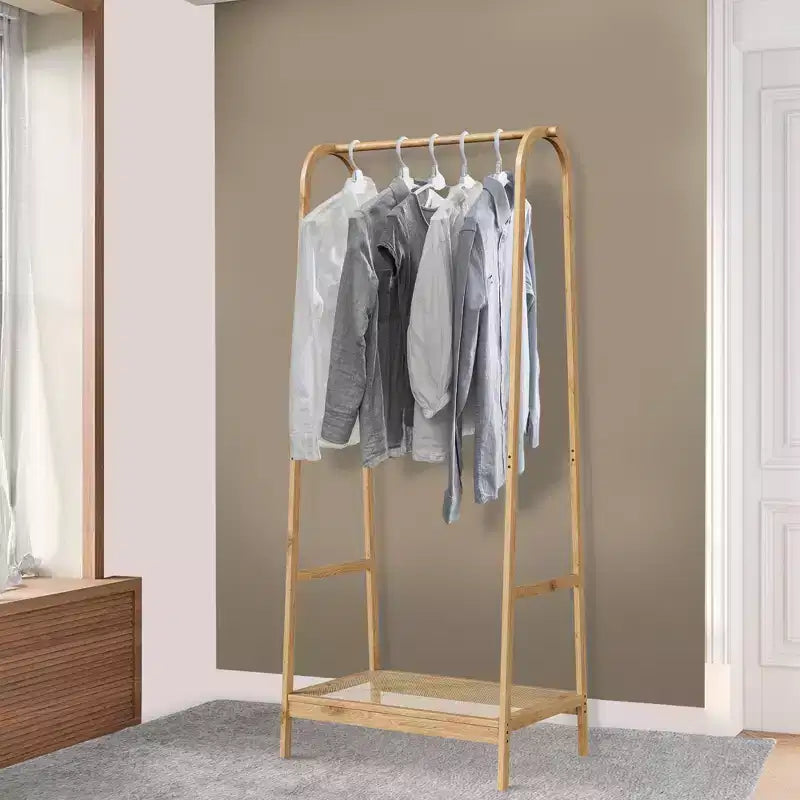 Portant à Vêtements en Bambou, Portant Autonome avec Étagère de Rangement et Tringle, Organisateur de Vêtements en Bois peu encombrant pour Chambre, Salon