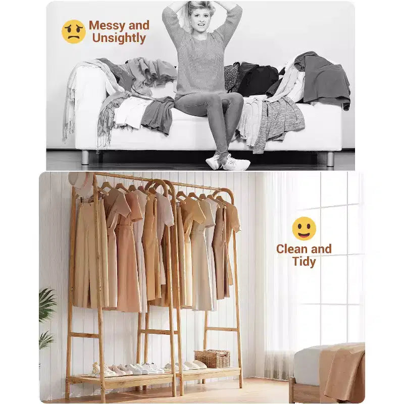 Portant à Vêtements en Bambou, Portant Autonome avec Étagère de Rangement et Tringle, Organisateur de Vêtements en Bois peu encombrant pour Chambre, Salon