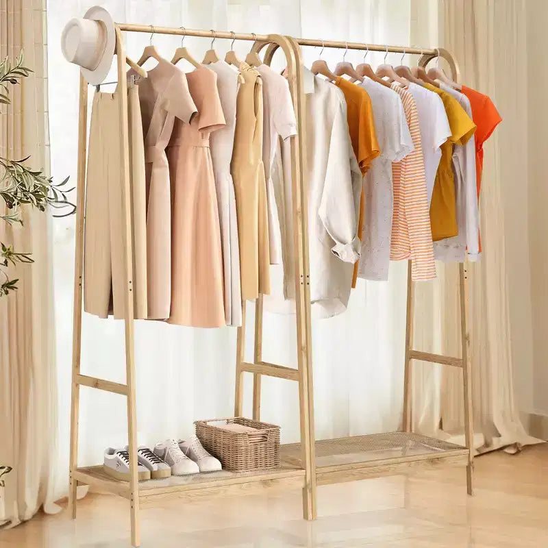 Portant à Vêtements en Bambou, Portant Autonome avec Étagère de Rangement et Tringle, Organisateur de Vêtements en Bois peu encombrant pour Chambre, Salon