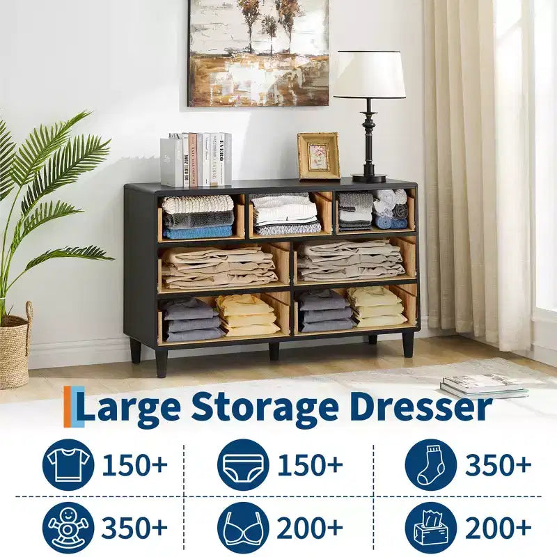 Commode 6 tiroirs pour chambre à coucher, organisateur de rangement avec double poignée rustique, commode en bois, meuble TV, commode pour placard, salon, couloir
