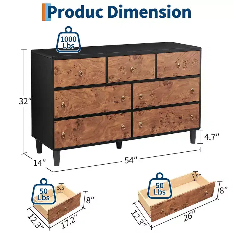 Commode 6 tiroirs pour chambre à coucher, organisateur de rangement avec double poignée rustique, commode en bois, meuble TV, commode pour placard, salon, couloir