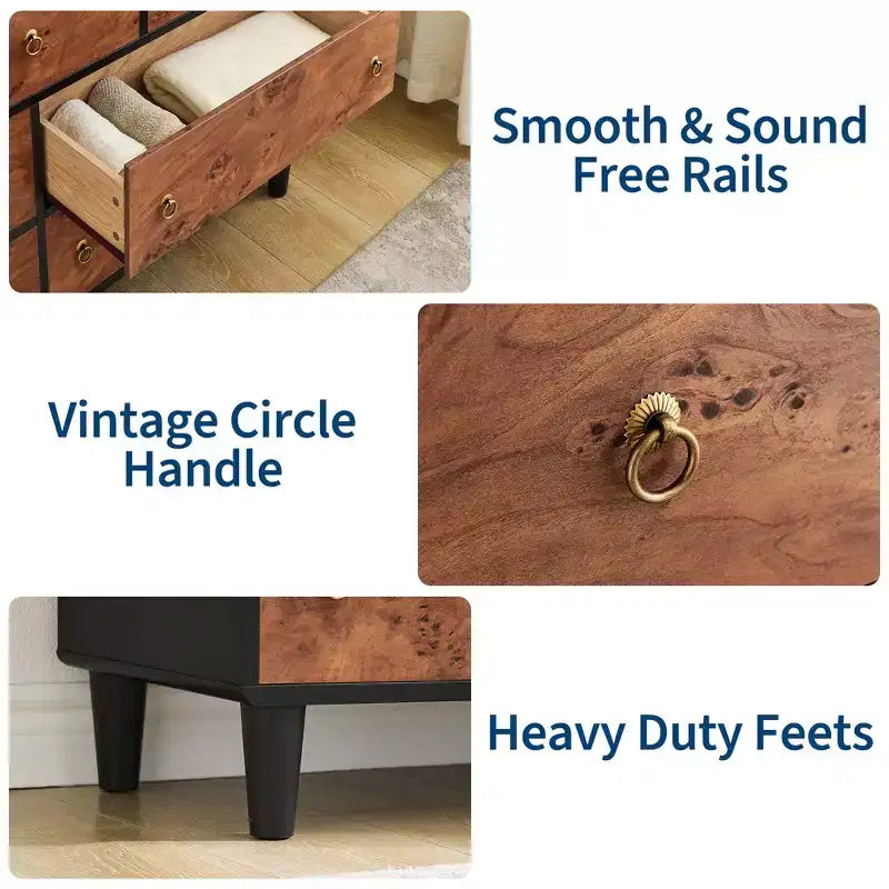 Commode 6 tiroirs pour chambre à coucher, organisateur de rangement avec double poignée rustique, commode en bois, meuble TV, commode pour placard, salon, couloir