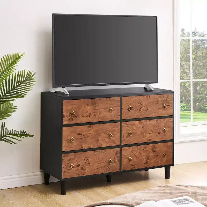 Commode 6 tiroirs pour chambre à coucher, organisateur de rangement avec double poignée rustique, commode en bois, meuble TV, commode pour placard, salon, couloir