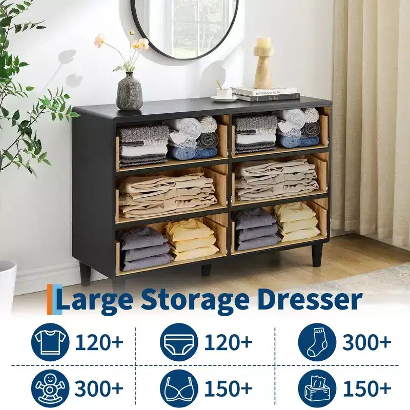 Commode 6 tiroirs pour chambre à coucher, organisateur de rangement avec double poignée rustique, commode en bois, meuble TV, commode pour placard, salon, couloir