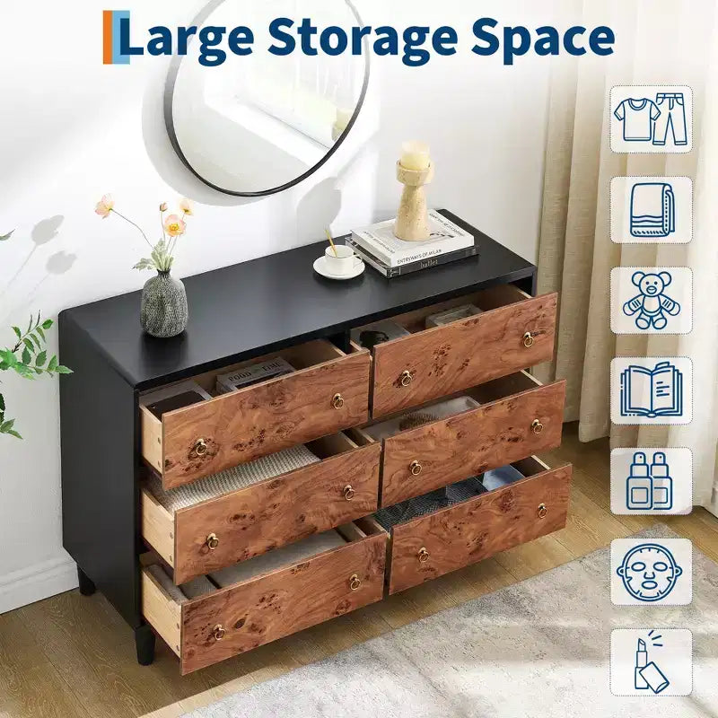 Commode 6 tiroirs pour chambre à coucher, organisateur de rangement avec double poignée rustique, commode en bois, meuble TV, commode pour placard, salon, couloir