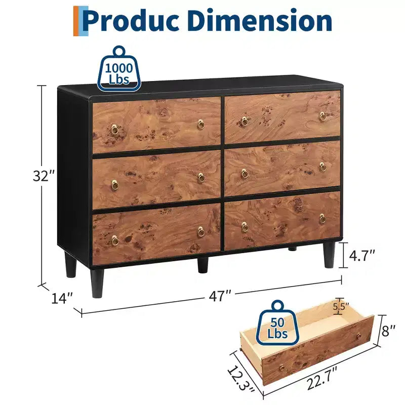 Commode 6 tiroirs pour chambre à coucher, organisateur de rangement avec double poignée rustique, commode en bois, meuble TV, commode pour placard, salon, couloir