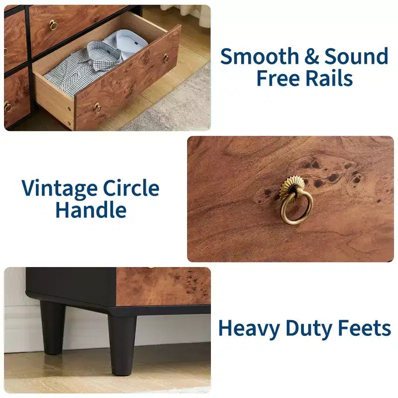 Commode 6 tiroirs pour chambre à coucher, organisateur de rangement avec double poignée rustique, commode en bois, meuble TV, commode pour placard, salon, couloir
