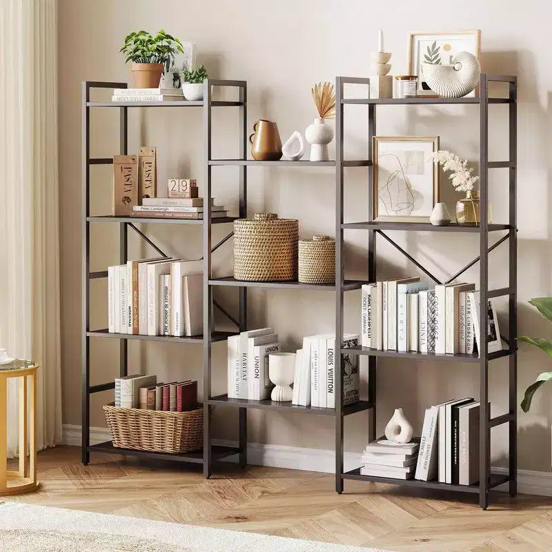 Coolmee Triple Column 4 Tier Bookshelf, Bookcase with 11 Open Storage Display Shelves, Rustic Industrial Book Shelves for Living Room Office