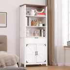 Coolmee Farmhouse Bookshelf, 72 inch Tall Bookshelf with Doors and Drawer, Storage Cabinet, Floor Standing Book Case for Home Office, Living Room