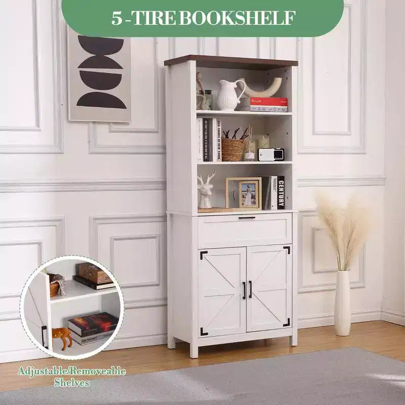 Étagère de ferme Coolmee, bibliothèque de 183 cm de haut avec portes et tiroir, meuble de rangement, étagère sur pied pour bureau à domicile, salon