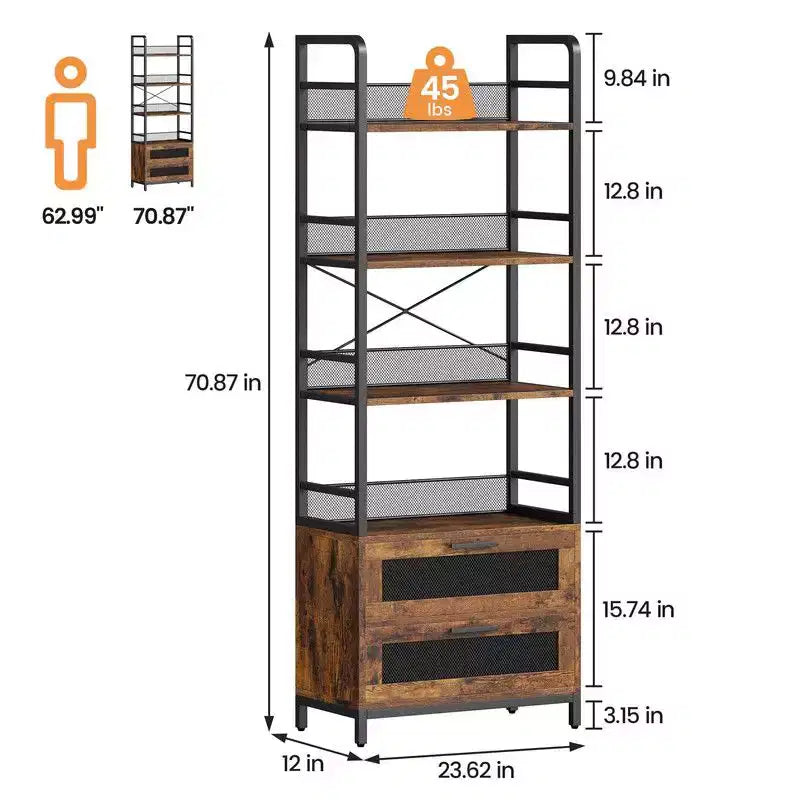 Étagère bibliothèque industrielle Coolmee avec tiroirs, meuble de rangement à 4 niveaux ouverts, présentoir de 180 cm de haut pour chambre, salon