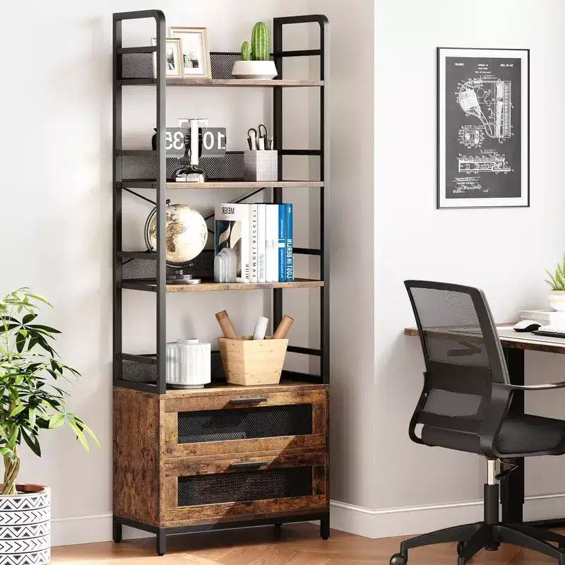 Étagère bibliothèque industrielle Coolmee avec tiroirs, meuble de rangement à 4 niveaux ouverts, présentoir de 180 cm de haut pour chambre, salon