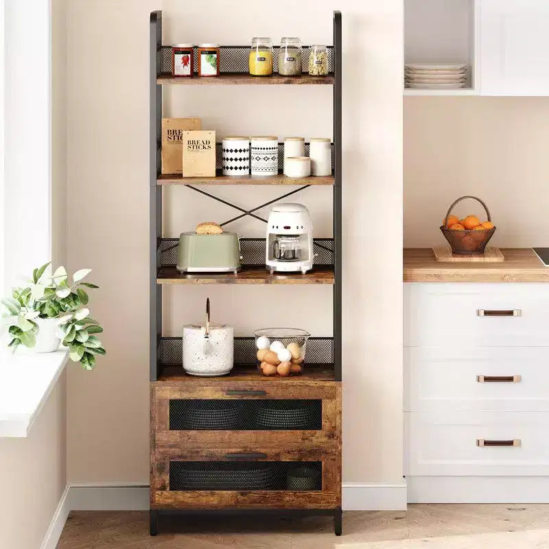 Étagère bibliothèque industrielle Coolmee avec tiroirs, meuble de rangement à 4 niveaux ouverts, présentoir de 180 cm de haut pour chambre, salon