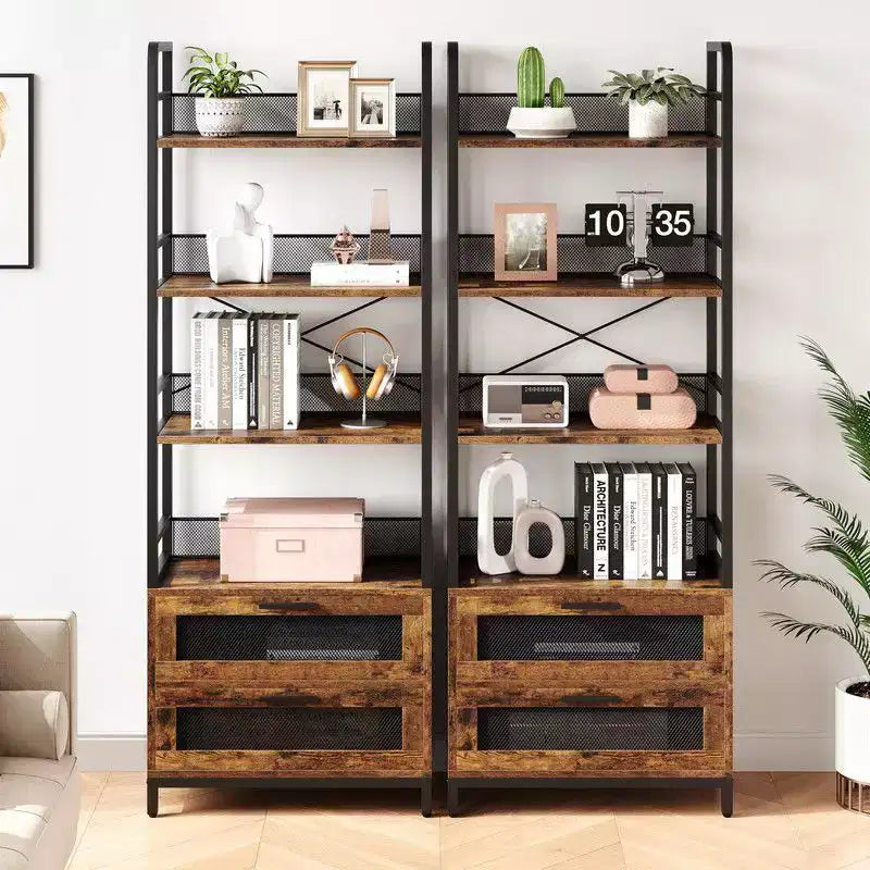 Étagère bibliothèque industrielle Coolmee avec tiroirs, meuble de rangement à 4 niveaux ouverts, présentoir de 180 cm de haut pour chambre, salon