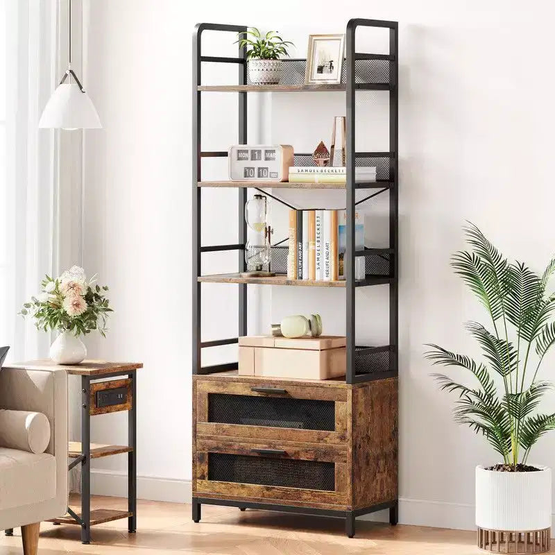 Étagère bibliothèque industrielle Coolmee avec tiroirs, meuble de rangement à 4 niveaux ouverts, présentoir de 180 cm de haut pour chambre, salon