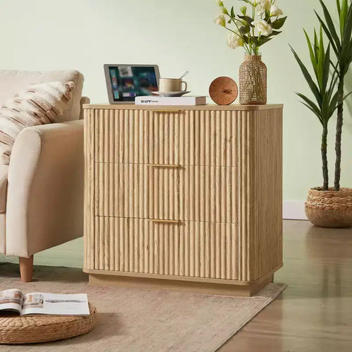 Commode 2 tiroirs pour chambre à coucher, commode moderne de 27,6'' de large avec poignées métalliques, table de chevet étroite, organisateur de rangement de vêtements cannelé