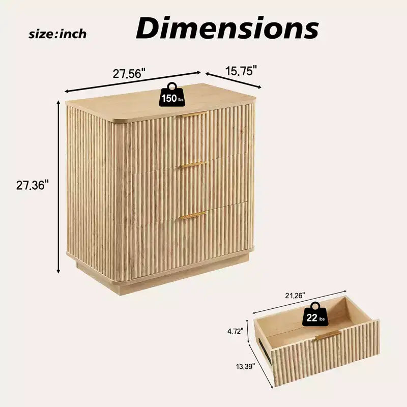 Commode 2 tiroirs pour chambre à coucher, commode moderne de 27,6'' de large avec poignées métalliques, table de chevet étroite, organisateur de rangement de vêtements cannelé
