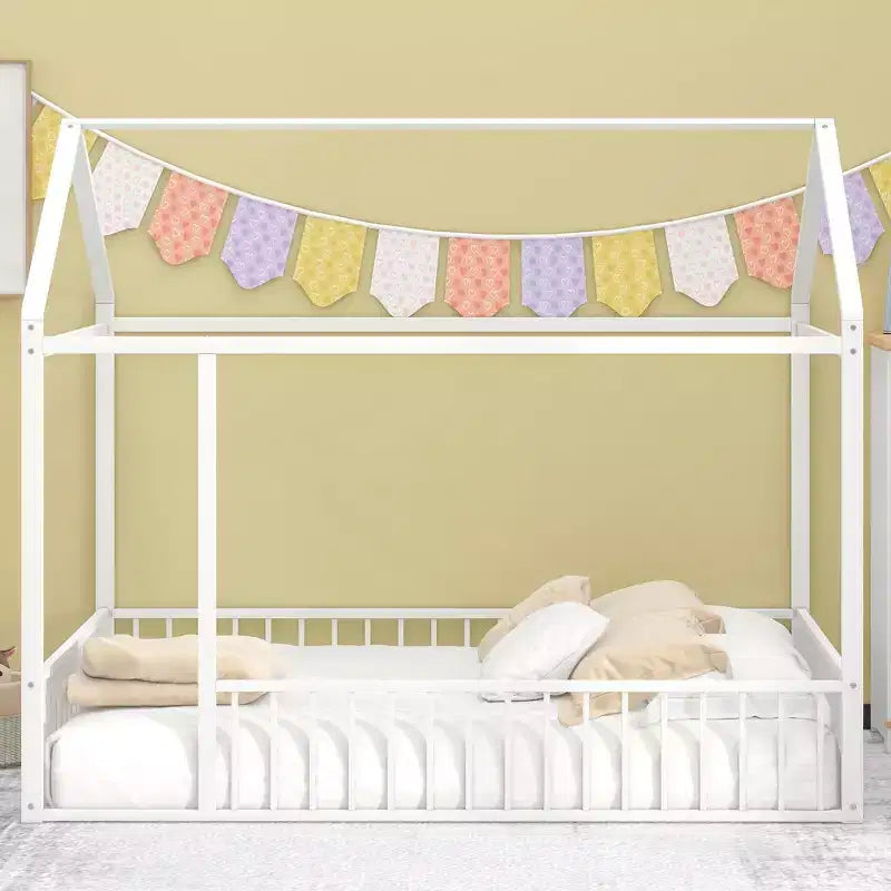 Bellemave Full Size Montessori Floor Bed, Metal House Bed Frame, House Floor Bed for Kids, Montessori Floor Bed with Fence, Playhouse for Kids,White