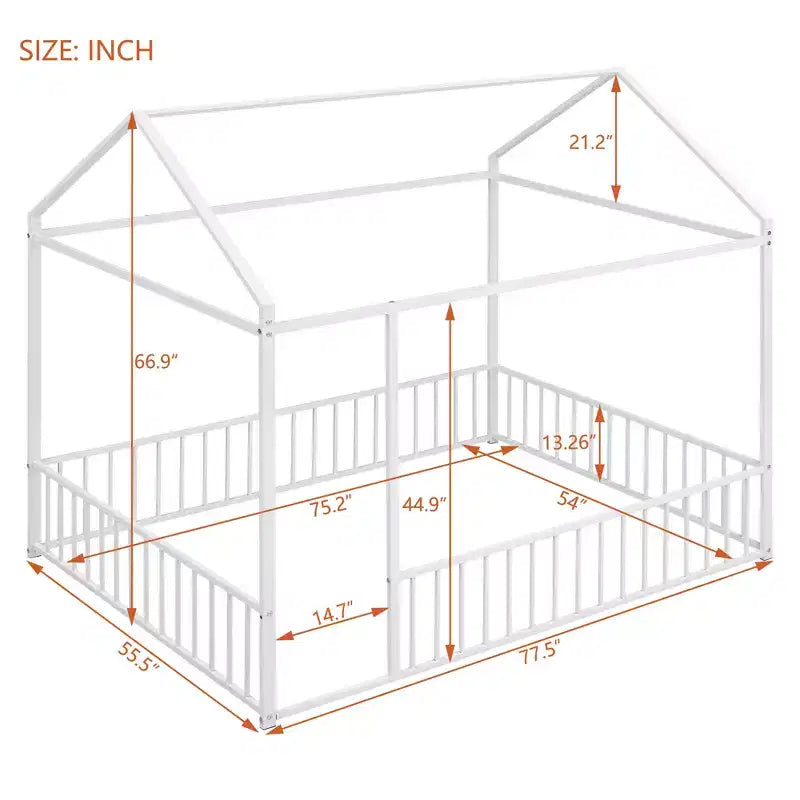 Bellemave Lit Montessori au sol double, Cadre de lit maison en métal, Lit cabane pour enfants, Lit Montessori au sol avec clôture, Aire de jeux pour enfants, Blanc