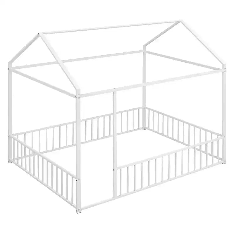 Bellemave Lit Montessori au sol double, Cadre de lit maison en métal, Lit cabane pour enfants, Lit Montessori au sol avec clôture, Aire de jeux pour enfants, Blanc