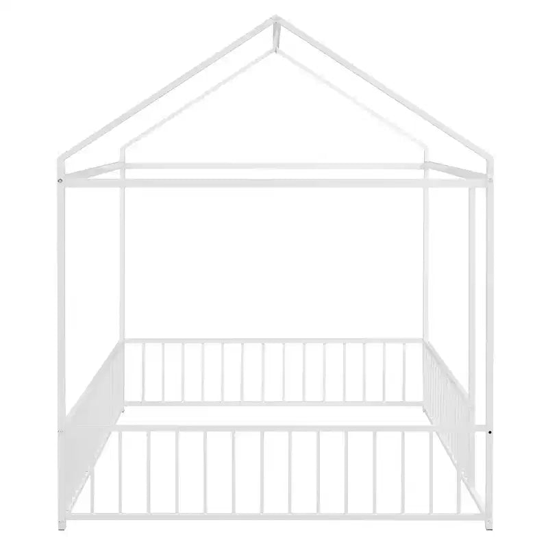 Bellemave Lit Montessori au sol double, Cadre de lit maison en métal, Lit cabane pour enfants, Lit Montessori au sol avec clôture, Aire de jeux pour enfants, Blanc