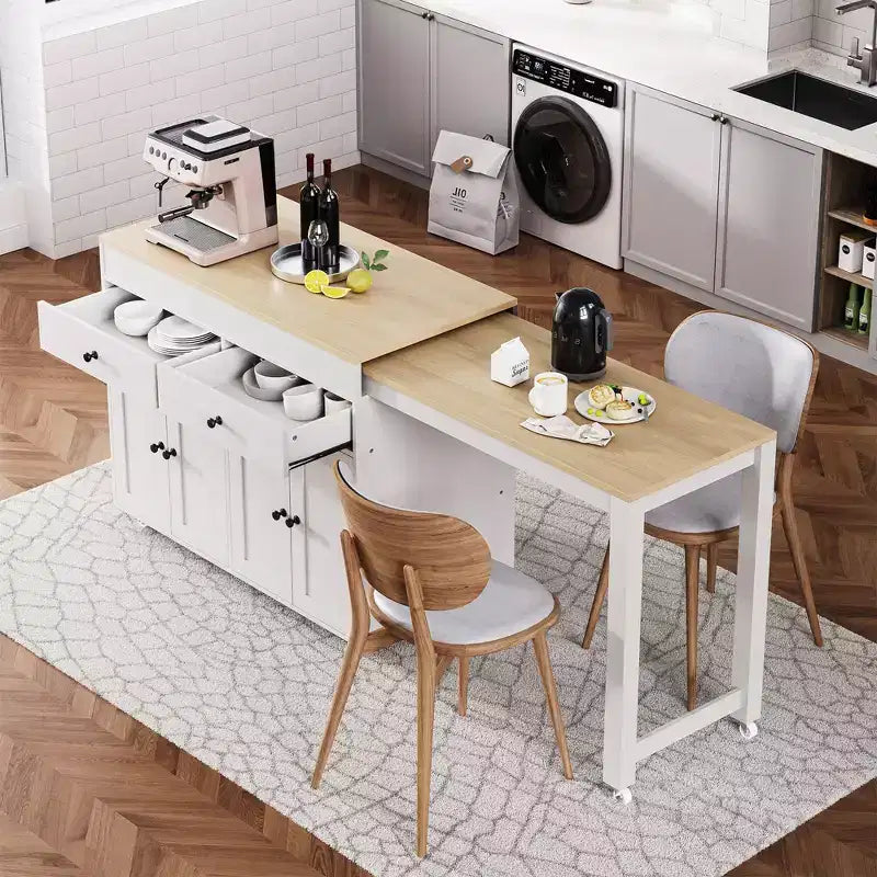 Bestier 75 Kitchen Island with Extendable Dining Table, Rolling Kitchen Island on Wheels with Spice Rack and 2 Drawers, 4 Door Cabinet