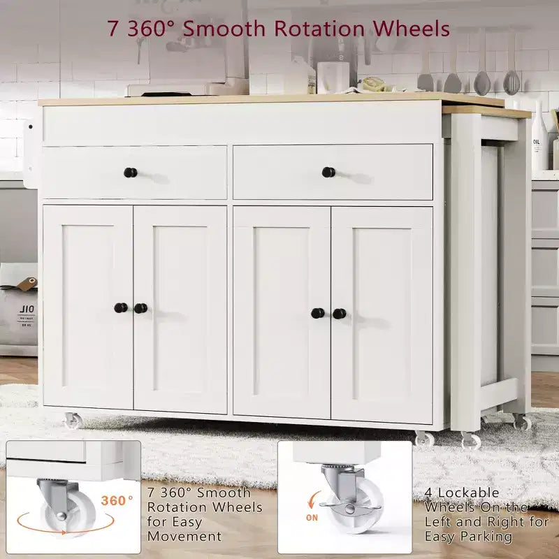 Bestier 75 Îlot de cuisine avec table à manger extensible, îlot de cuisine roulant sur roues avec porte-épices et 2 tiroirs, armoire à 4 portes