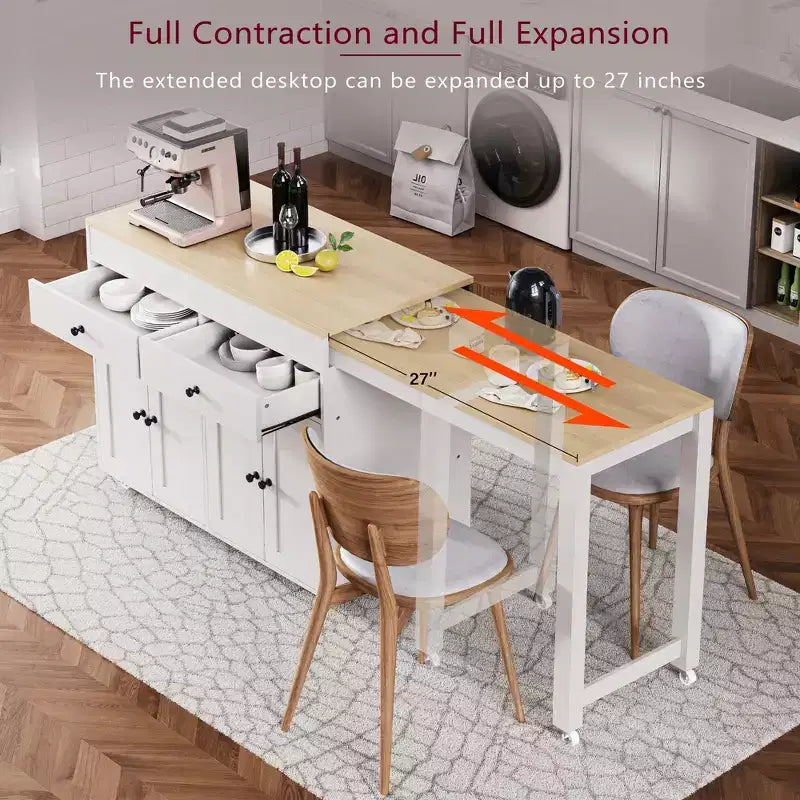Bestier 75 Îlot de cuisine avec table à manger extensible, îlot de cuisine roulant sur roues avec porte-épices et 2 tiroirs, armoire à 4 portes